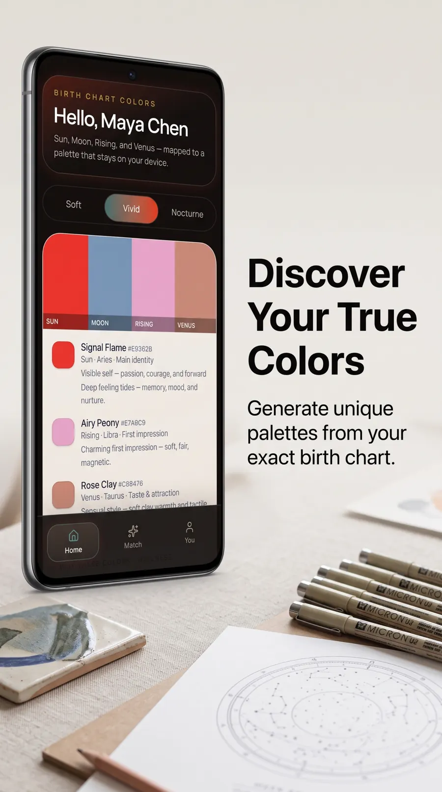 PaletteNova phone screen titled Discover Your True Colors. The app shows a Vivid birth-chart palette for Sun, Moon, Rising, and Venus with hex color codes.