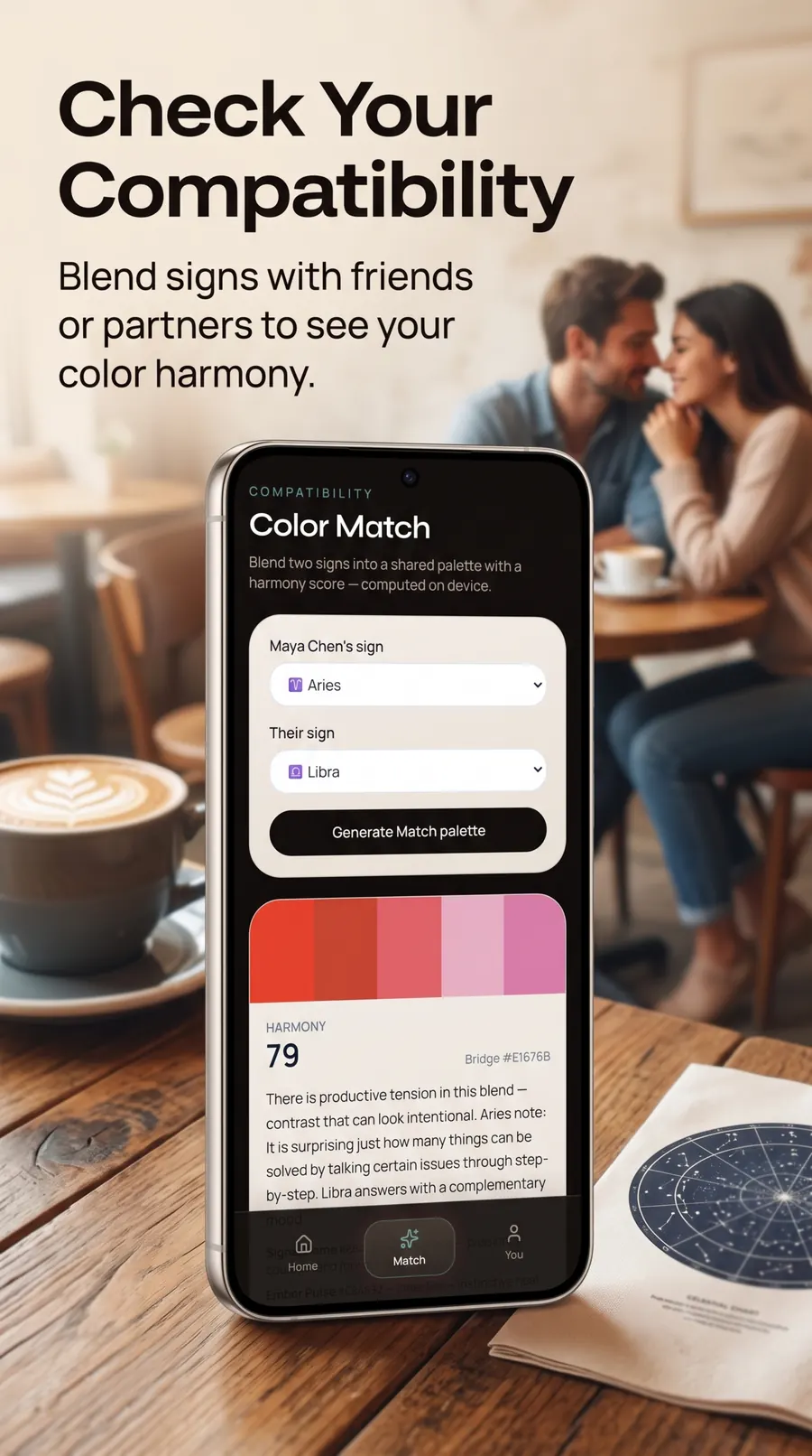 PaletteNova Color Match screen blending Aries and Libra into a shared palette with harmony score 79.